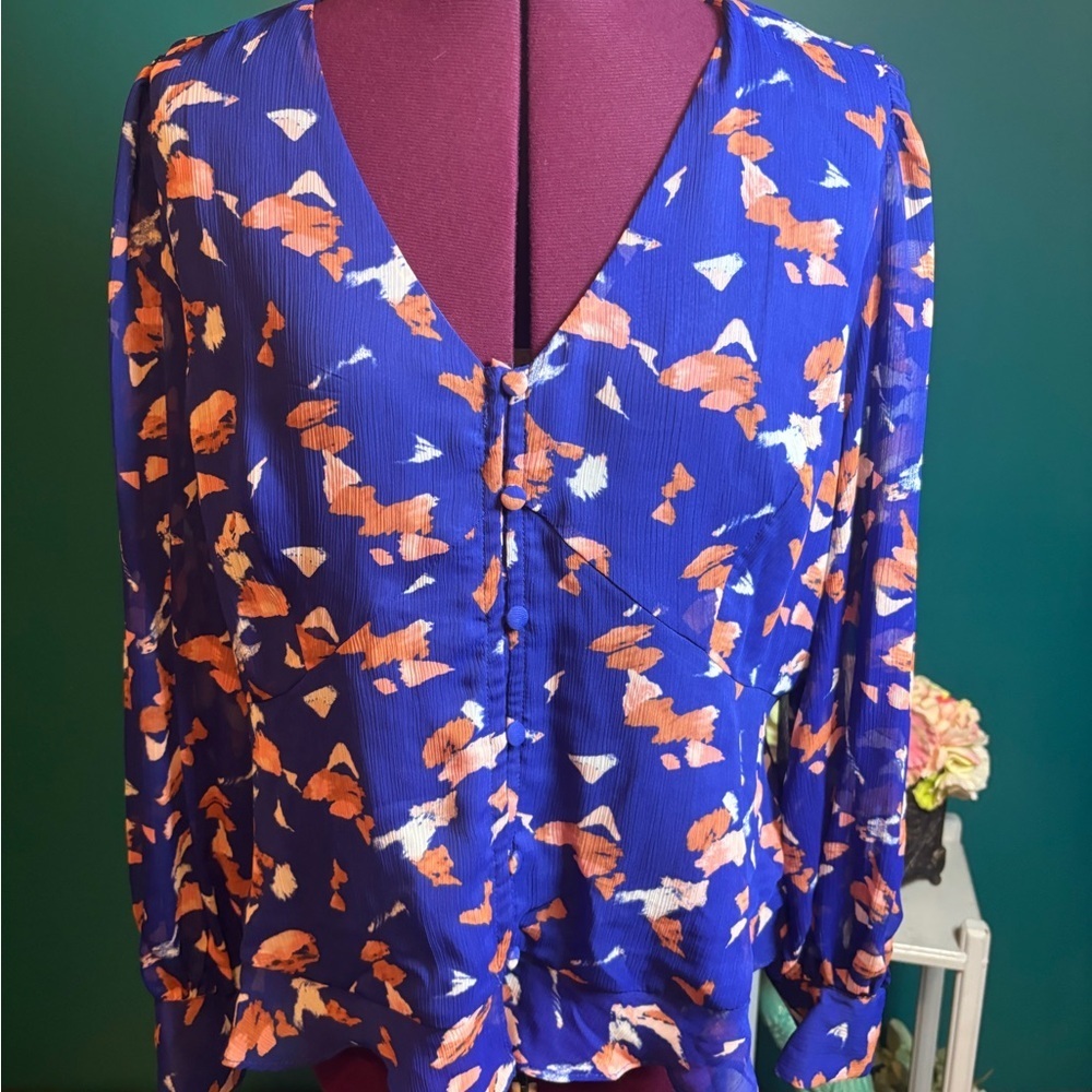 Nine West Blue and Orange Tie Front Blouse